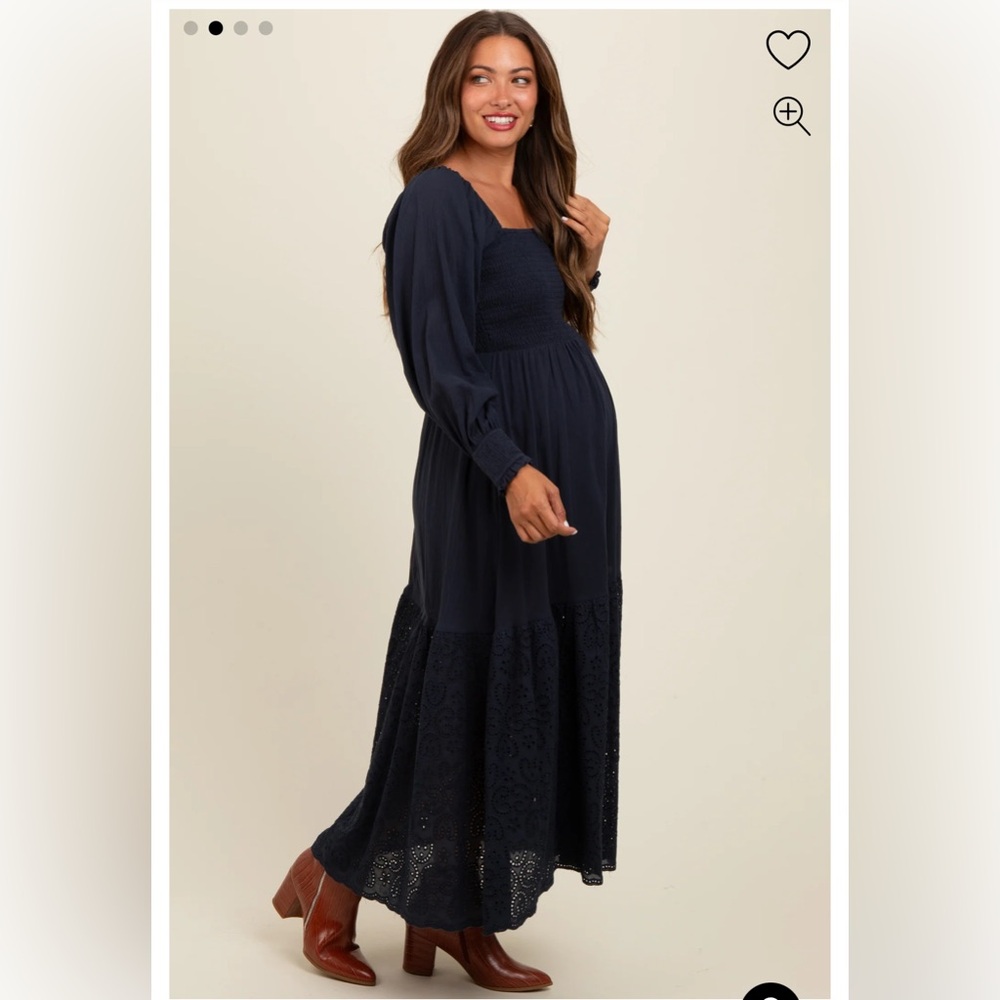 Navy Blue Smocked Eyelet Lace Hem Maternity Maxi Dress